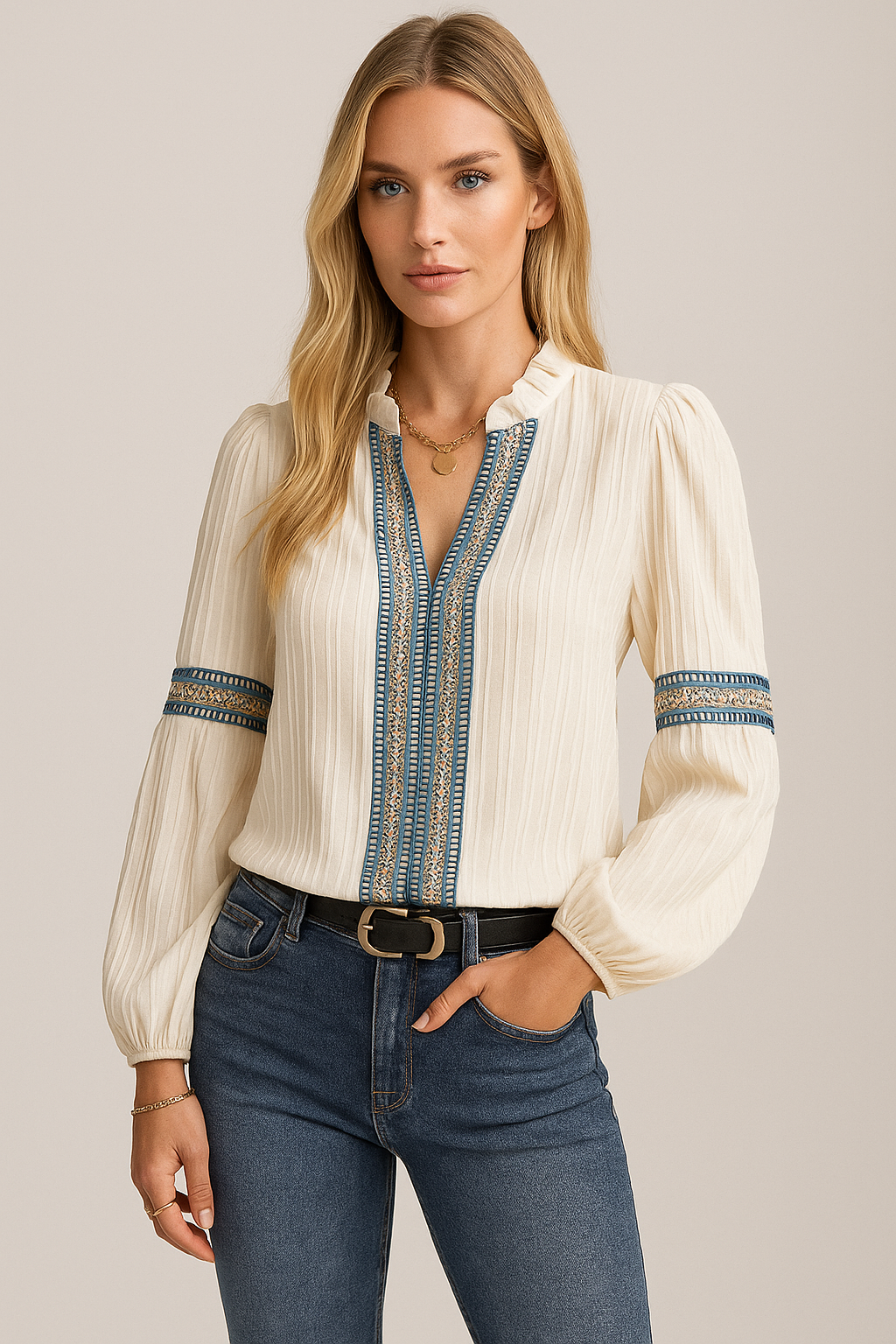 Elegant Embroidered V-Neck Blouse – Selene